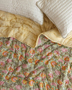 Hand Block Print Cotton Quilt: Burnt Orange Marigold Floral, Reversible Bohemian Bedding