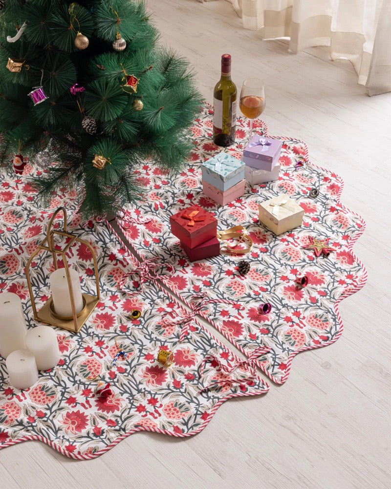 Red Green Hand Block Printed Christmas Tree Skirt, Farmhouse Boho Holiday Party Decoration, Season