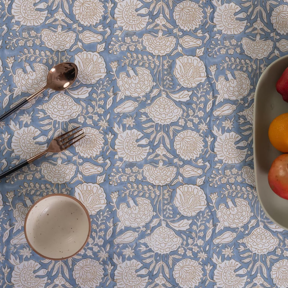 Dusty Blue & Soft Beige Hand Block Printed with Floral and Leafy Motifs Cotton Tablecloth, Casual