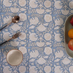 Dusty Blue & Soft Beige Hand Block Printed with Floral and Leafy Motifs Cotton Tablecloth, Casual