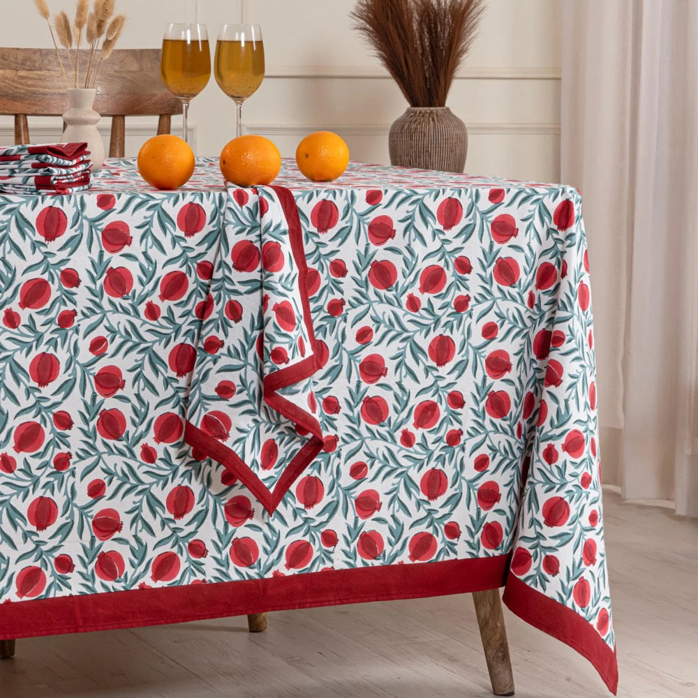 Red Green Pomegranate Block Print Tablecloth – Handcrafted Cotton Christmas Table Cover, Holiday