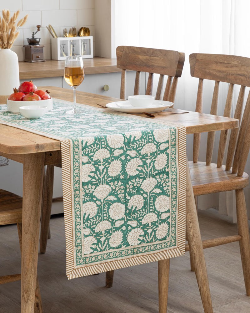 Moss Green Block Printed Table Runner, Cotton Floral Printed Table Decor, Holiday Dining Table Decor