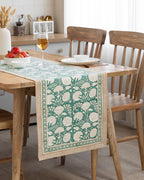 Moss Green Block Printed Table Runner, Cotton Floral Printed Table Decor, Holiday Dining Table Decor