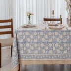 Dusty Blue & Soft Beige Hand Block Printed with Floral and Leafy Motifs Cotton Tablecloth, Casual