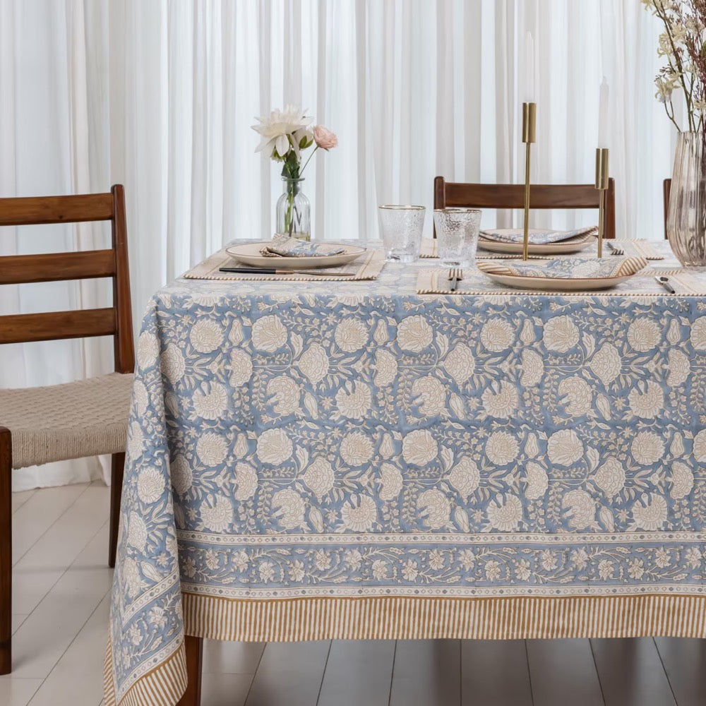 Dusty Blue & Soft Beige Hand Block Printed with Floral and Leafy Motifs Cotton Tablecloth, Casual