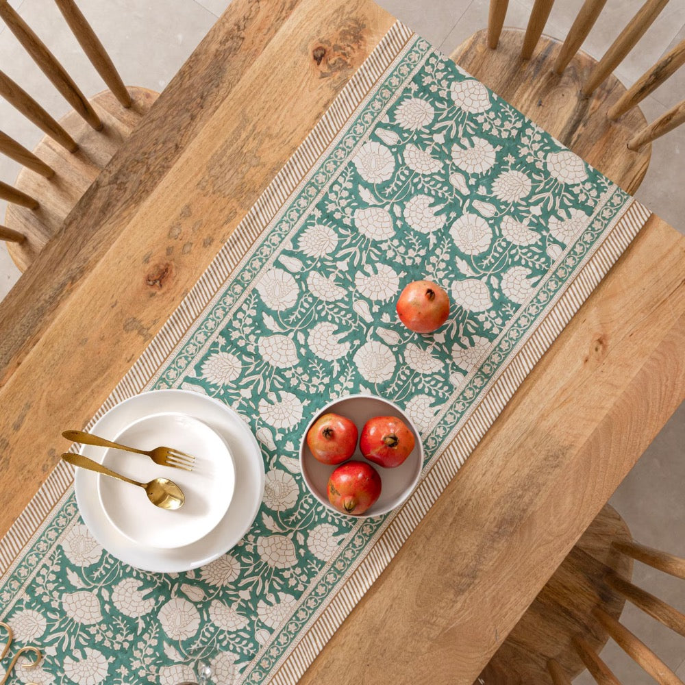 Moss Green Block Printed Table Runner, Cotton Floral Printed Table Decor, Holiday Dining Table Decor