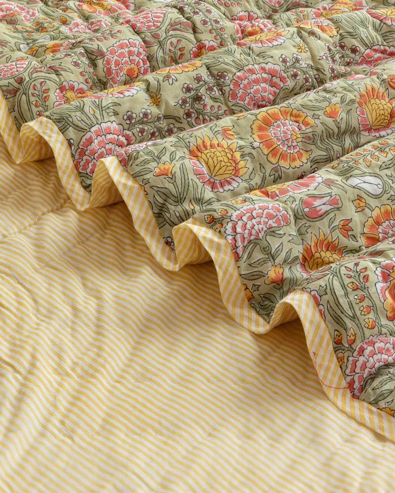 Hand Block Print Cotton Quilt: Burnt Orange Marigold Floral, Reversible Bohemian Bedding