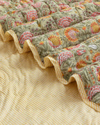 Hand Block Print Cotton Quilt: Burnt Orange Marigold Floral, Reversible Bohemian Bedding