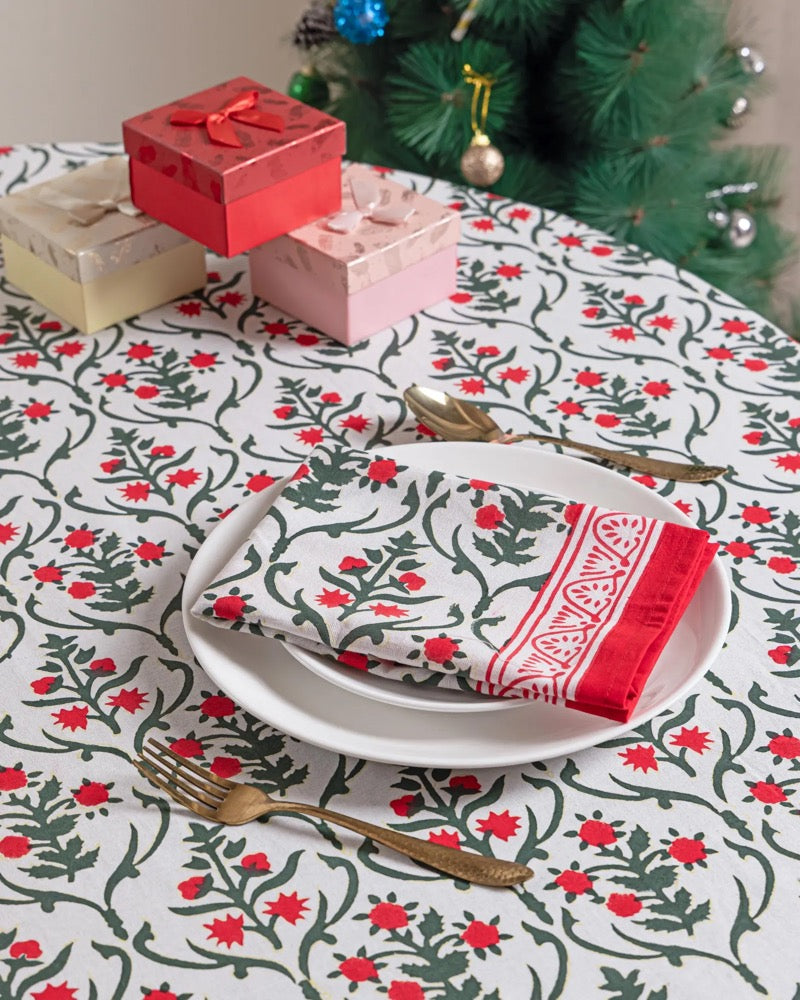BLOCK PRINT BLISS Christmas Table Cover, Red Floral Cotton Round Tablecloth, Holiday Table Decor