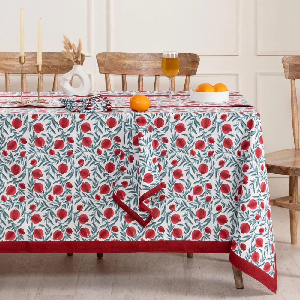 Red Green Pomegranate Block Print Tablecloth – Handcrafted Cotton Christmas Table Cover, Holiday