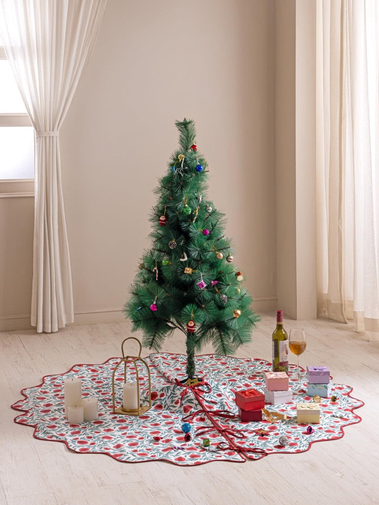 Red Green Pomegranate Printed Christmas Tree Skirt, Hand Block Printed Tree Collar, Floral Cotton Xmas