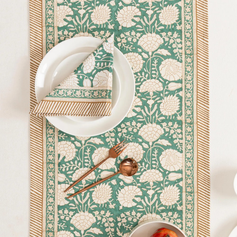 Moss Green Block Printed Table Runner, Cotton Floral Printed Table Decor, Holiday Dining Table Decor