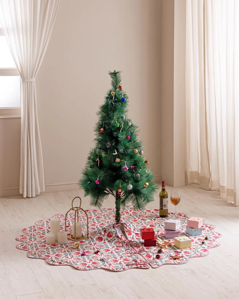 Red Green Hand Block Printed Christmas Tree Skirt, Farmhouse Boho Holiday Party Decoration, Season