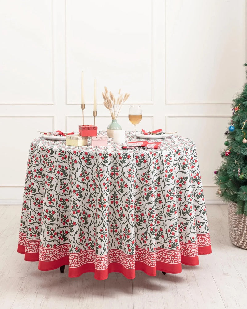 BLOCK PRINT BLISS Christmas Table Cover, Red Floral Cotton Round Tablecloth, Holiday Table Decor