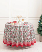 BLOCK PRINT BLISS Christmas Table Cover, Red Floral Cotton Round Tablecloth, Holiday Table Decor