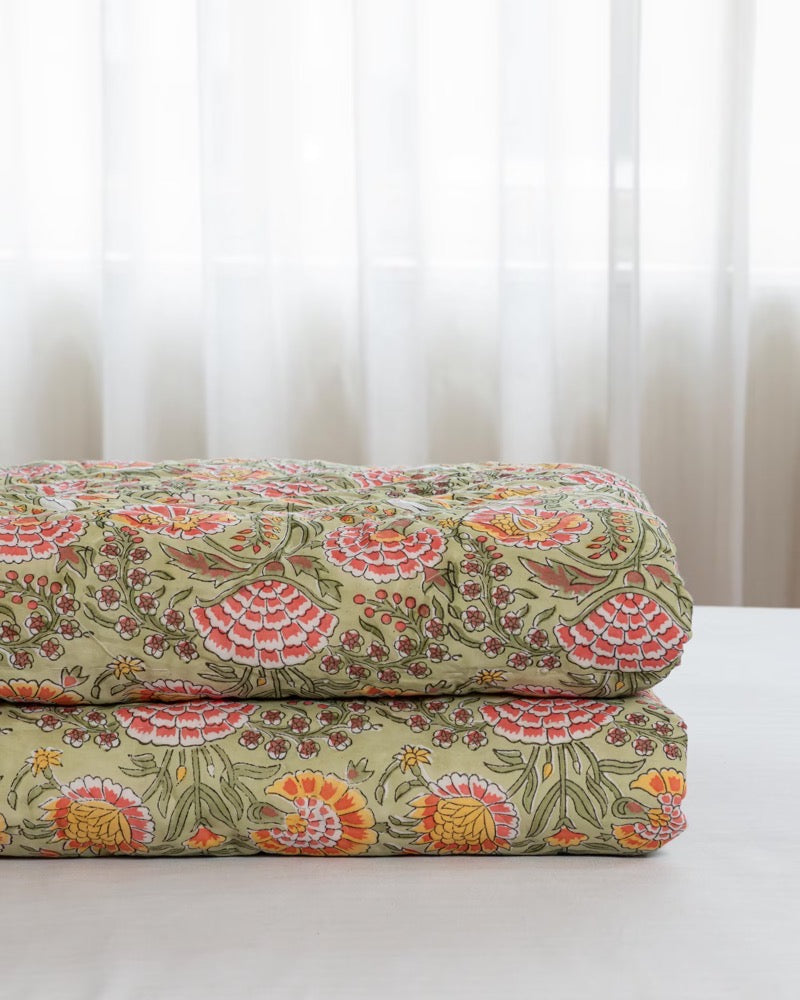 Hand Block Print Cotton Quilt: Burnt Orange Marigold Floral, Reversible Bohemian Bedding