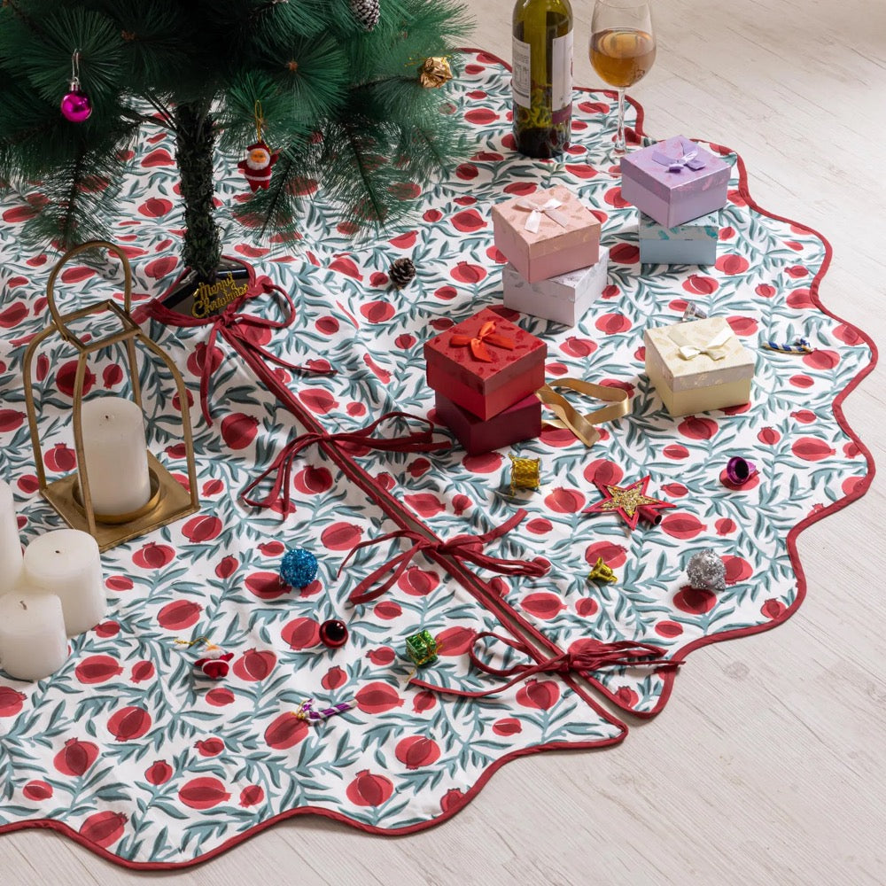 Red Green Pomegranate Printed Christmas Tree Skirt, Hand Block Printed Tree Collar, Floral Cotton Xmas