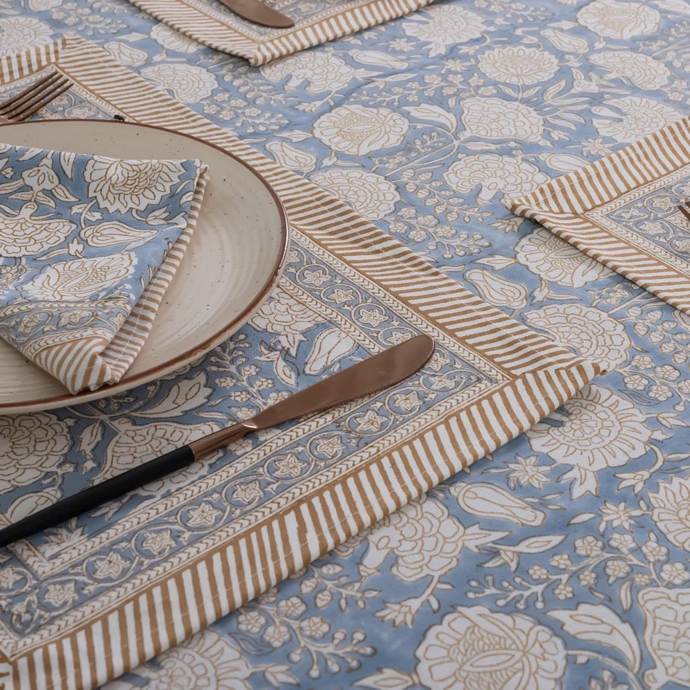 Dusty Blue & Soft Beige Hand Block Printed with Floral and Leafy Motifs Cotton Tablecloth, Casual