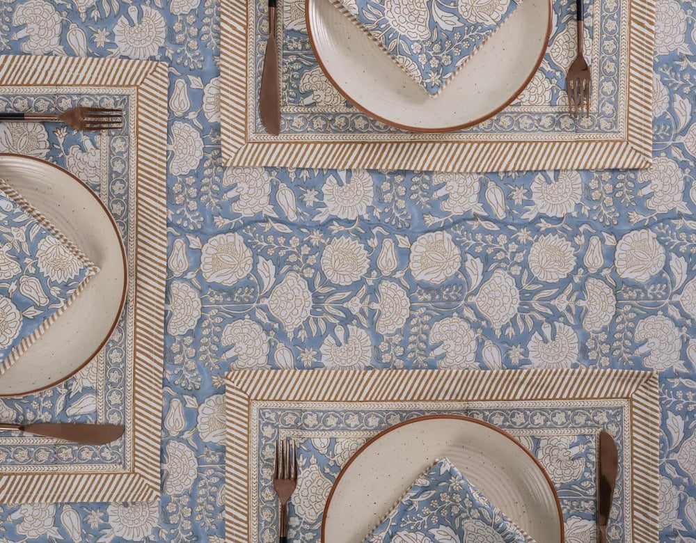 Dusty Blue & Soft Beige Hand Block Printed with Floral and Leafy Motifs Cotton Tablecloth, Casual