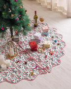 Red and Green Christmas Garland Tree Skirt, Red Floral Cotton Xmas Tree Decoration, Boho Farmhouse Decor