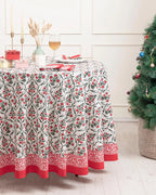 BLOCK PRINT BLISS Christmas Table Cover, Red Floral Cotton Round Tablecloth, Holiday Table Decor