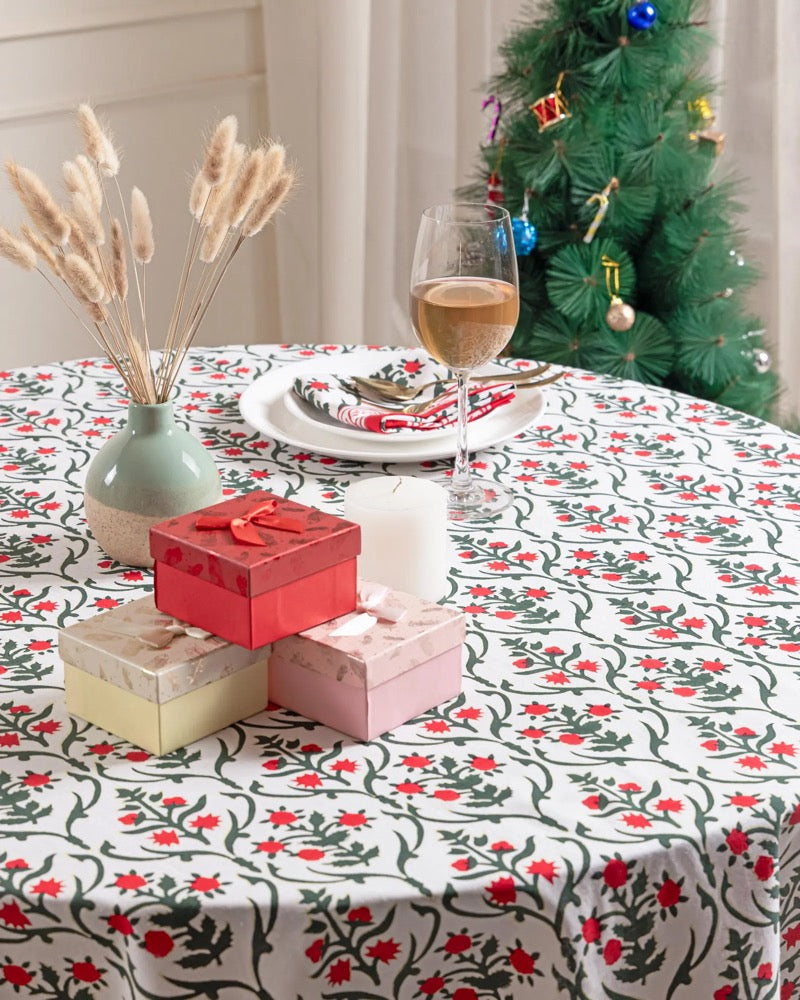 BLOCK PRINT BLISS Christmas Table Cover, Red Floral Cotton Round Tablecloth, Holiday Table Decor