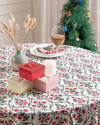 BLOCK PRINT BLISS Christmas Table Cover, Red Floral Cotton Round Tablecloth, Holiday Table Decor