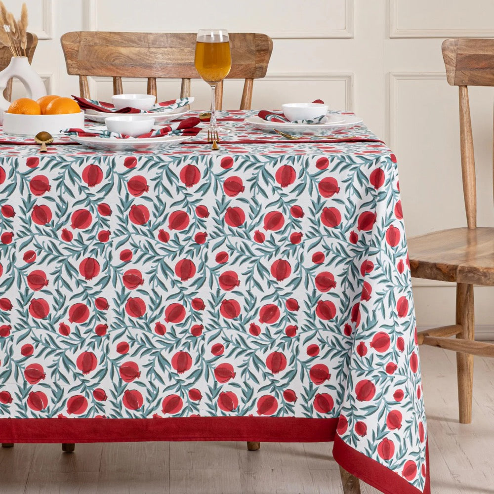 Red Green Pomegranate Block Print Tablecloth – Handcrafted Cotton Christmas Table Cover, Holiday