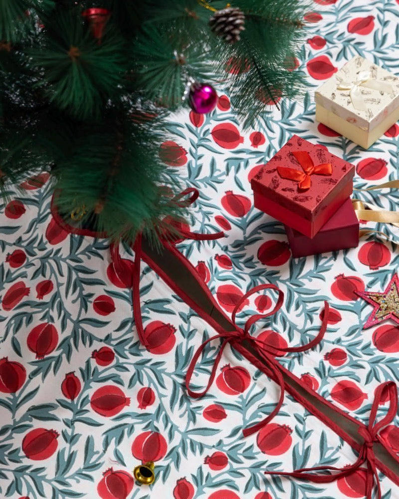 Red Green Pomegranate Printed Christmas Tree Skirt, Hand Block Printed Tree Collar, Floral Cotton Xmas