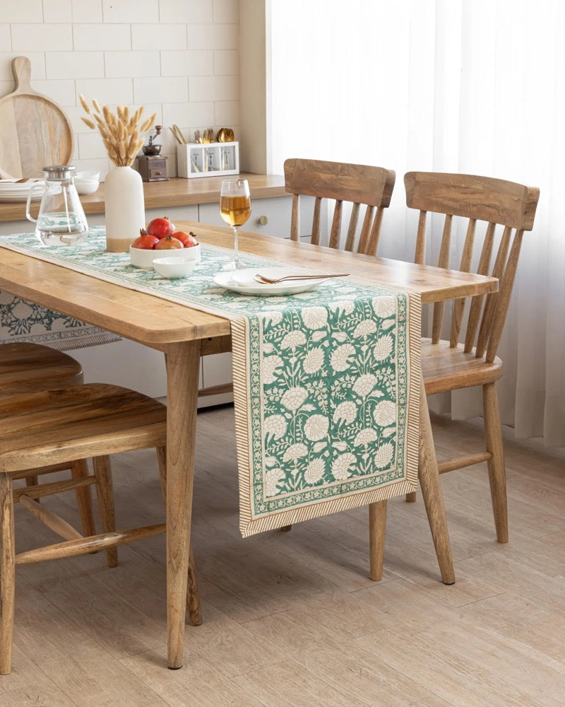 Moss Green Block Printed Table Runner, Cotton Floral Printed Table Decor, Holiday Dining Table Decor
