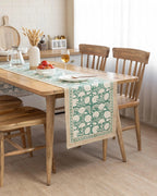 Moss Green Block Printed Table Runner, Cotton Floral Printed Table Decor, Holiday Dining Table Decor