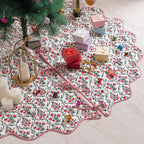 Red and Green Christmas Garland Tree Skirt, Red Floral Cotton Xmas Tree Decoration, Boho Farmhouse Decor