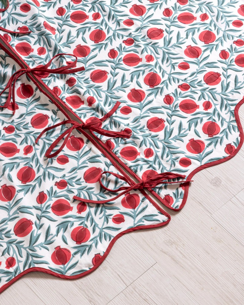 Red Green Pomegranate Printed Christmas Tree Skirt, Hand Block Printed Tree Collar, Floral Cotton Xmas