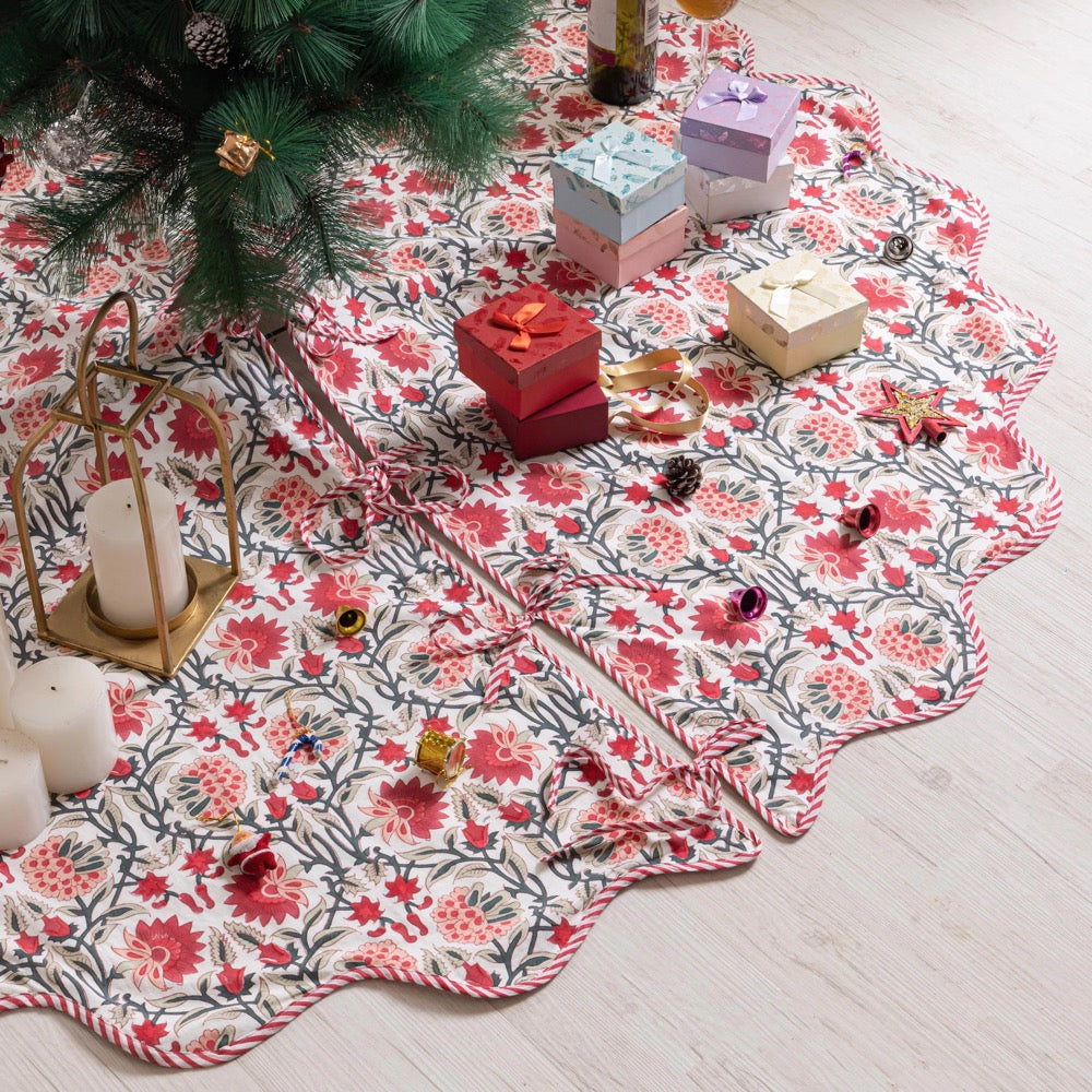 Red Green Hand Block Printed Christmas Tree Skirt, Farmhouse Boho Holiday Party Decoration, Season