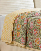 Hand Block Print Cotton Quilt: Burnt Orange Marigold Floral, Reversible Bohemian Bedding