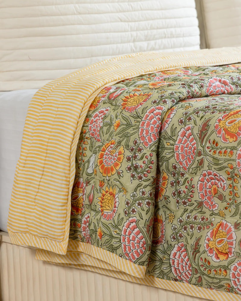Hand Block Print Cotton Quilt: Burnt Orange Marigold Floral, Reversible Bohemian Bedding