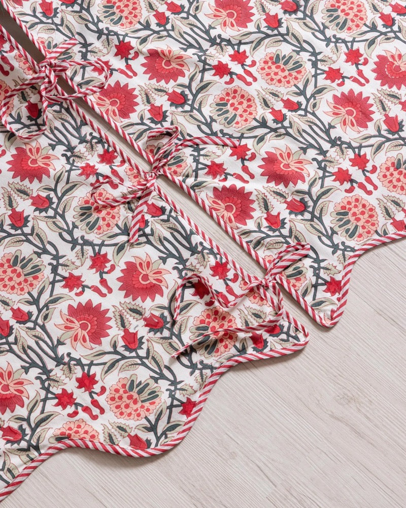 Red Green Hand Block Printed Christmas Tree Skirt, Farmhouse Boho Holiday Party Decoration, Season