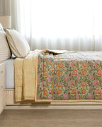 Hand Block Print Cotton Quilt: Burnt Orange Marigold Floral, Reversible Bohemian Bedding