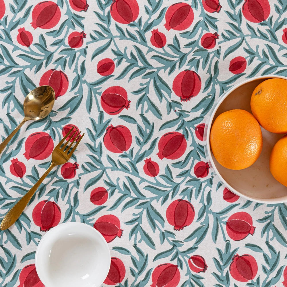 Red Green Pomegranate Block Print Tablecloth – Handcrafted Cotton Christmas Table Cover, Holiday