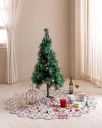 Red and Green Christmas Garland Tree Skirt, Red Floral Cotton Xmas Tree Decoration, Boho Farmhouse Decor