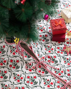 Red and Green Christmas Garland Tree Skirt, Red Floral Cotton Xmas Tree Decoration, Boho Farmhouse Decor