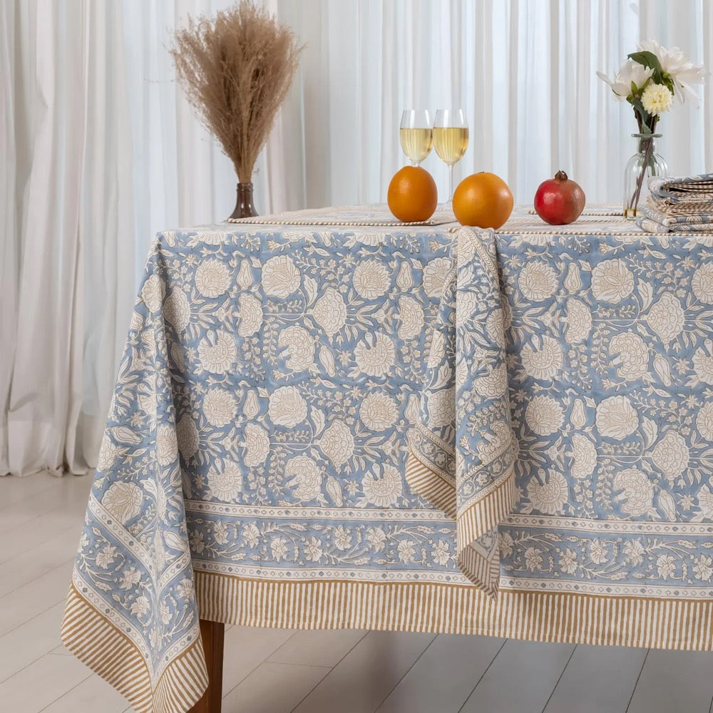 Dusty Blue & Soft Beige Hand Block Printed with Floral and Leafy Motifs Cotton Tablecloth, Casual