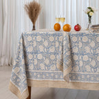 Dusty Blue & Soft Beige Hand Block Printed with Floral and Leafy Motifs Cotton Tablecloth, Casual