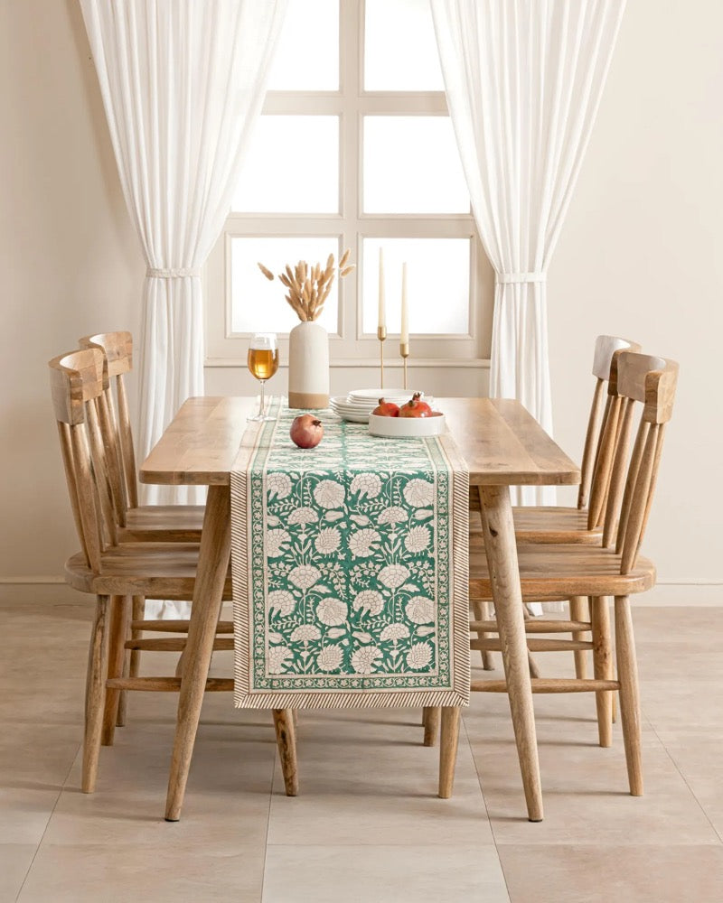 Moss Green Block Printed Table Runner, Cotton Floral Printed Table Decor, Holiday Dining Table Decor