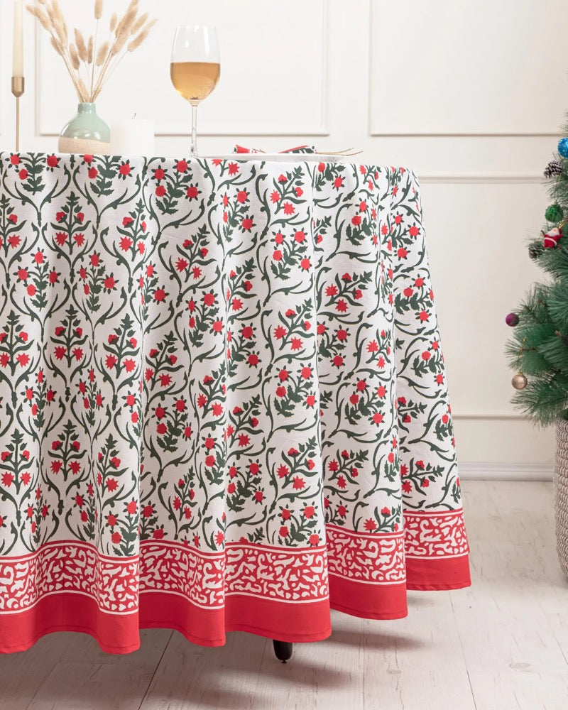 BLOCK PRINT BLISS Christmas Table Cover, Red Floral Cotton Round Tablecloth, Holiday Table Decor