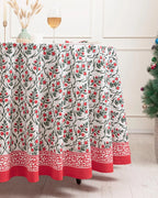 BLOCK PRINT BLISS Christmas Table Cover, Red Floral Cotton Round Tablecloth, Holiday Table Decor