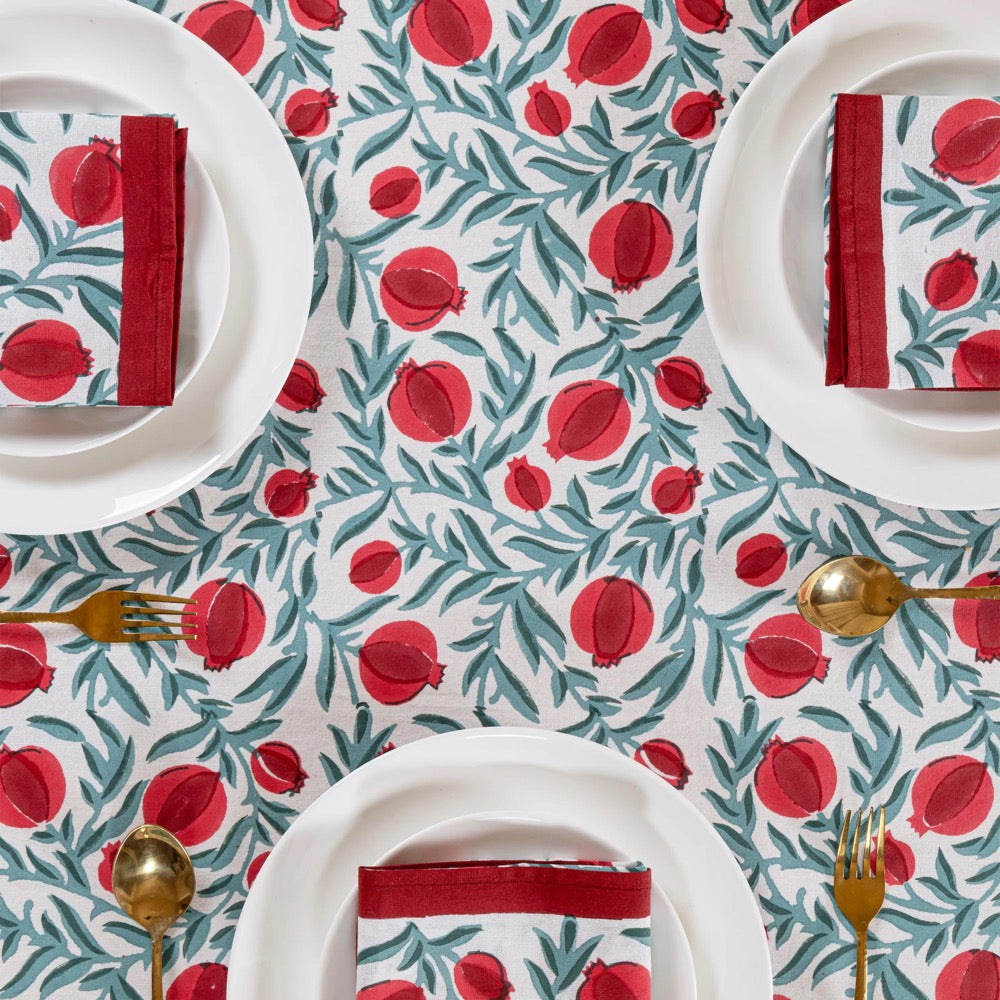 Red Green Pomegranate Block Print Tablecloth – Handcrafted Cotton Christmas Table Cover, Holiday